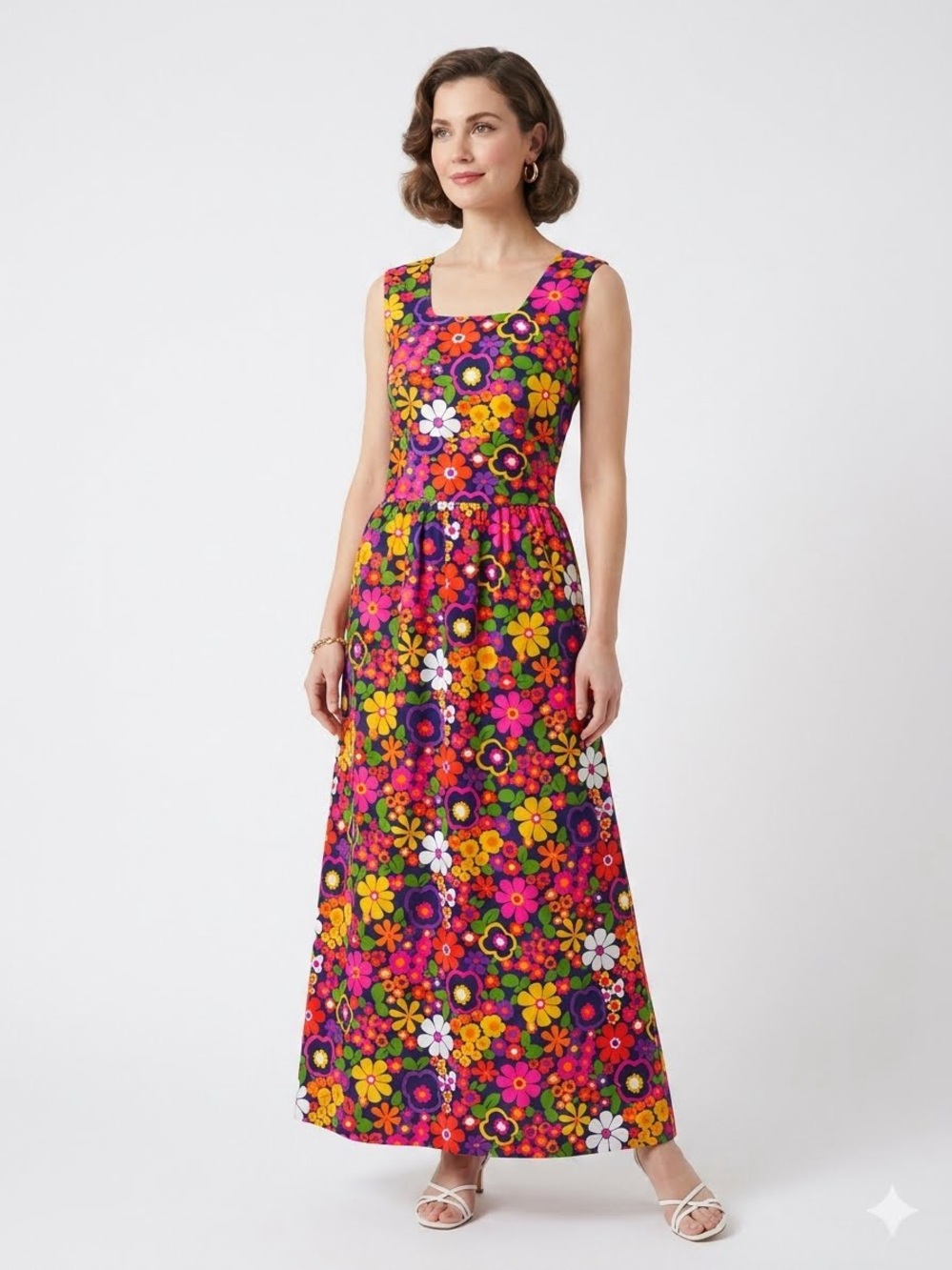 Vtg 60’s Flower Power Maxi Dress Psychedelic Mod Retro Boho Hippie Festival XS/S